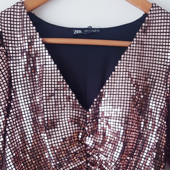 ZARA Metallic Rose Gold Ruched Mini Dress - Picture 5 of 13